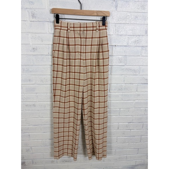 Wilfred Pants - Aritzia Wilfred Trousers Womens 0 Tan Brown Plaid Pleated Wide Leg Pants